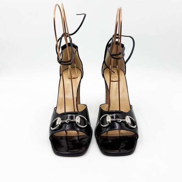 Gucci Horsebit Block Heels Ankle Wrap Sandals Black Leather 7.5 - Picture 3 of 12